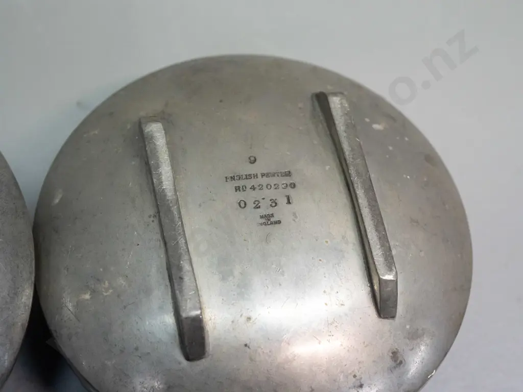 English pewter cream and sugar - Archibald Knox design with nouveau style whiplash decoration - reg. no 0231 marked on Image 1++