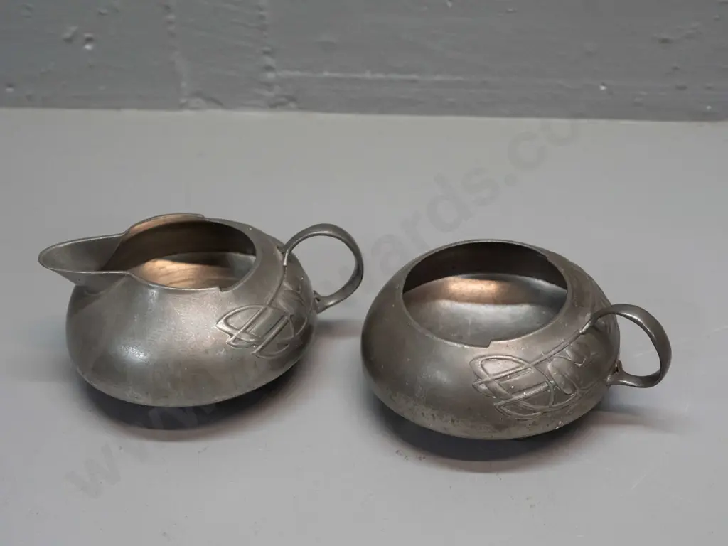 English pewter cream and sugar - Archibald Knox design with nouveau style whiplash decoration - reg. no 0231 marked on Image 1++