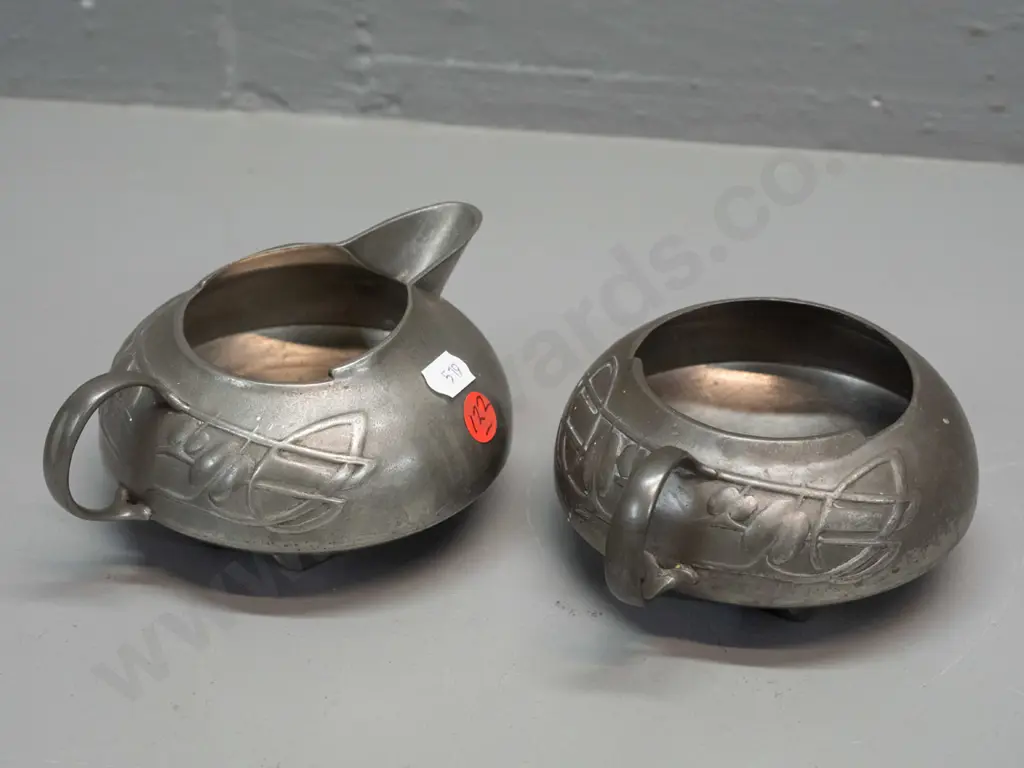 English pewter cream and sugar - Archibald Knox design with nouveau style whiplash decoration - reg. no 0231 marked on Image 1++