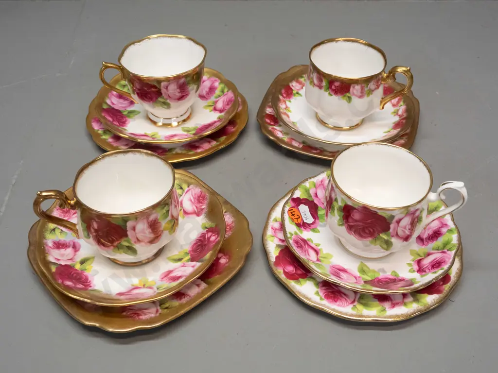 4 Royal Albert rose trios - 3 heavily gilded, one is miniature roses, one is marked Old English Rose. Minor wear to Image 1++