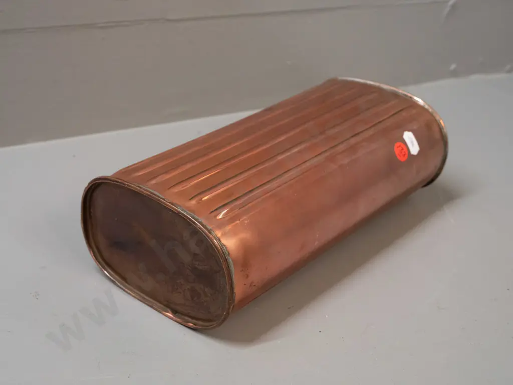 copper and brass hot water bottle / warmer with ribbed sides, threaded cap, "Fill Warmer Quite Full" plaque - has a dent Image 1++