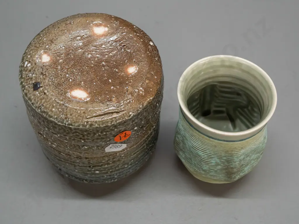 2 pieces of studio pottery - ribbed & textured vase marked J. Pasc or Pax '08 and a salt glazed vase H-140 D-120 Image 1++