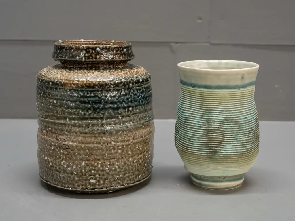 2 pieces of studio pottery - ribbed & textured vase marked J. Pasc or Pax '08 and a salt glazed vase H-140 D-120 Image 1++