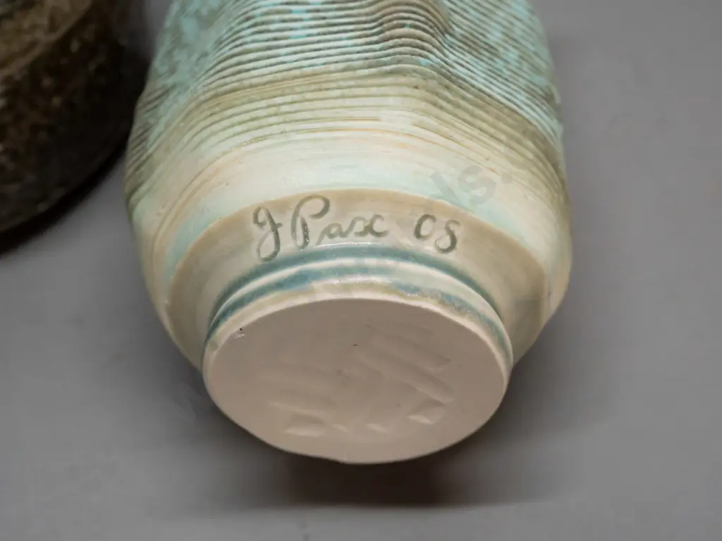2 pieces of studio pottery - ribbed & textured vase marked J. Pasc or Pax '08 and a salt glazed vase H-140 D-120 Image 1++
