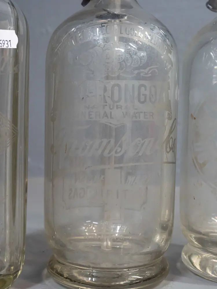 3 vintage Dunedin soda syphon bottles - Thomsons with fluted body, Thomsons Wairongoa and Lane's - all with correct taps Image 1++