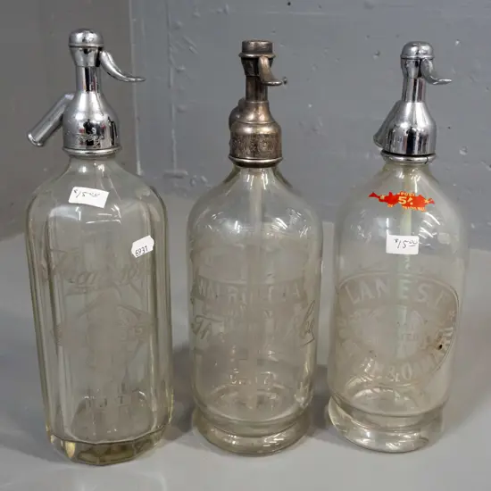 3 vintage Dunedin soda syphon bottles - Thomsons with fluted body, Thomsons Wairongoa and Lane's - all with correct taps