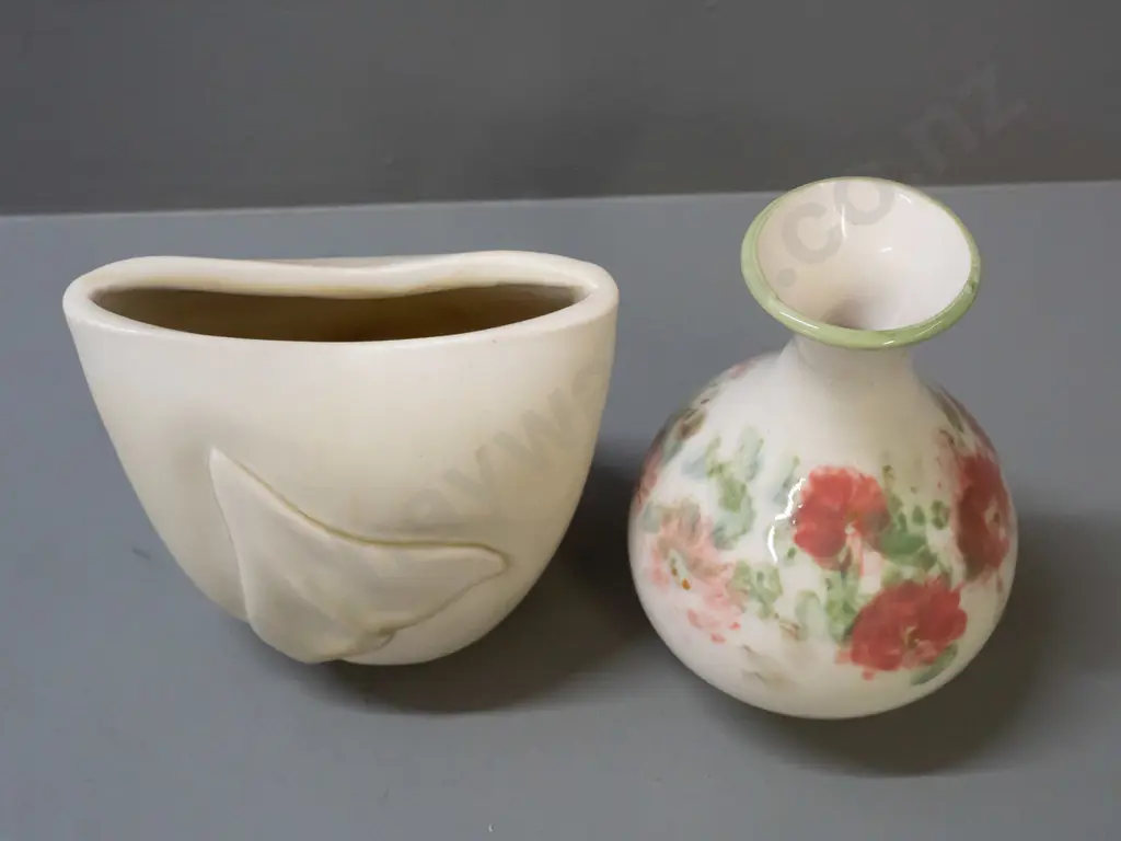 2 studio pottery vases - folded shape with applied motif and a hand painted floral H-170 - M.M. O'Connor - Broad Bay Image 1++