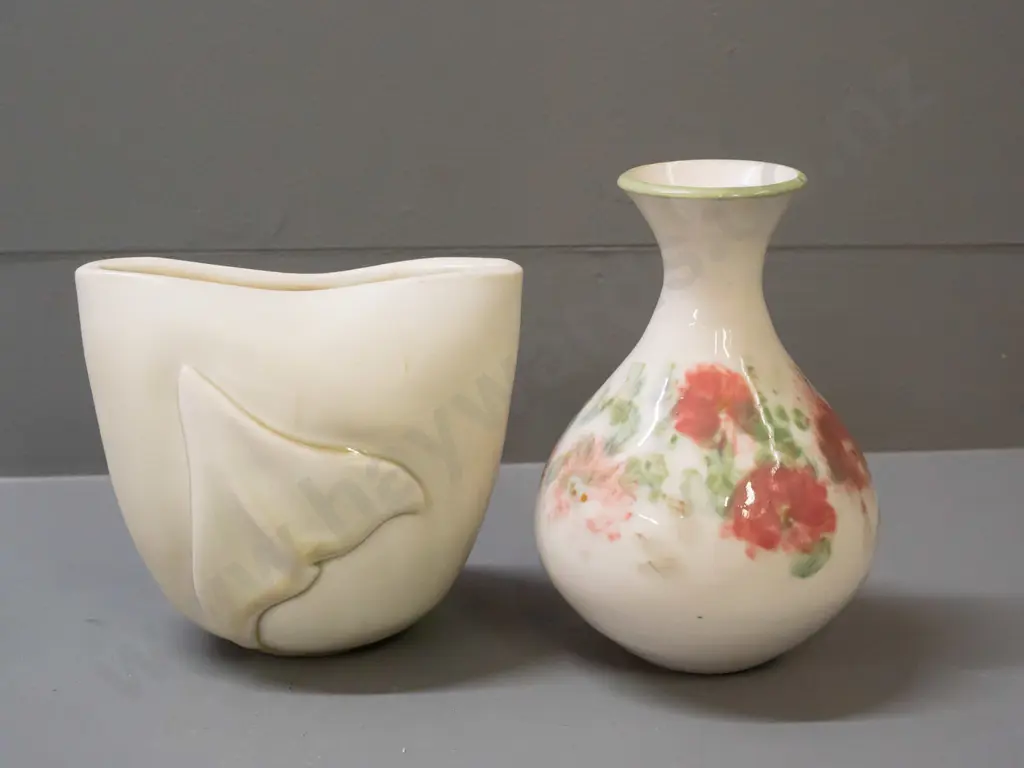 2 studio pottery vases - folded shape with applied motif and a hand painted floral H-170 - M.M. O'Connor - Broad Bay Image 1++