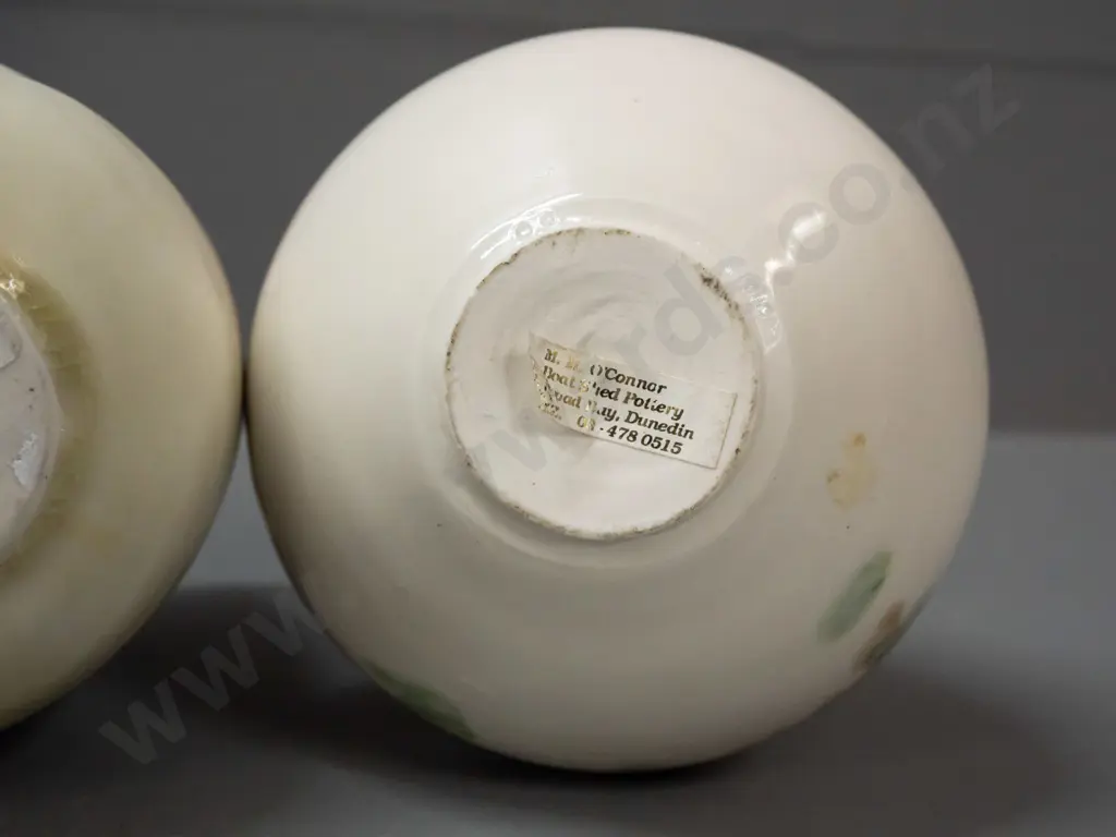 2 studio pottery vases - folded shape with applied motif and a hand painted floral H-170 - M.M. O'Connor - Broad Bay Image 1++