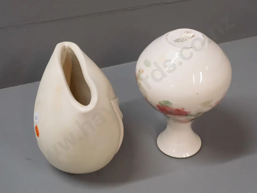 2 studio pottery vases - folded shape with applied motif and a hand painted floral H-170 - M.M. O'Connor - Broad Bay Image 1++