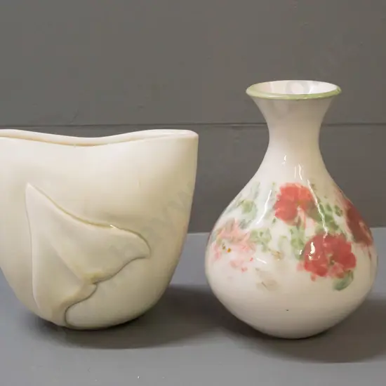 2 studio pottery vases - folded shape with applied motif and a hand painted floral H-170 - M.M. O'Connor - Broad Bay