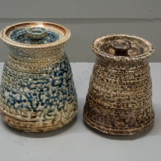 2 heavy rustic salt glazed New Zealand pottery lidded canisters, no maker's marks - larger one has small chip to top rim