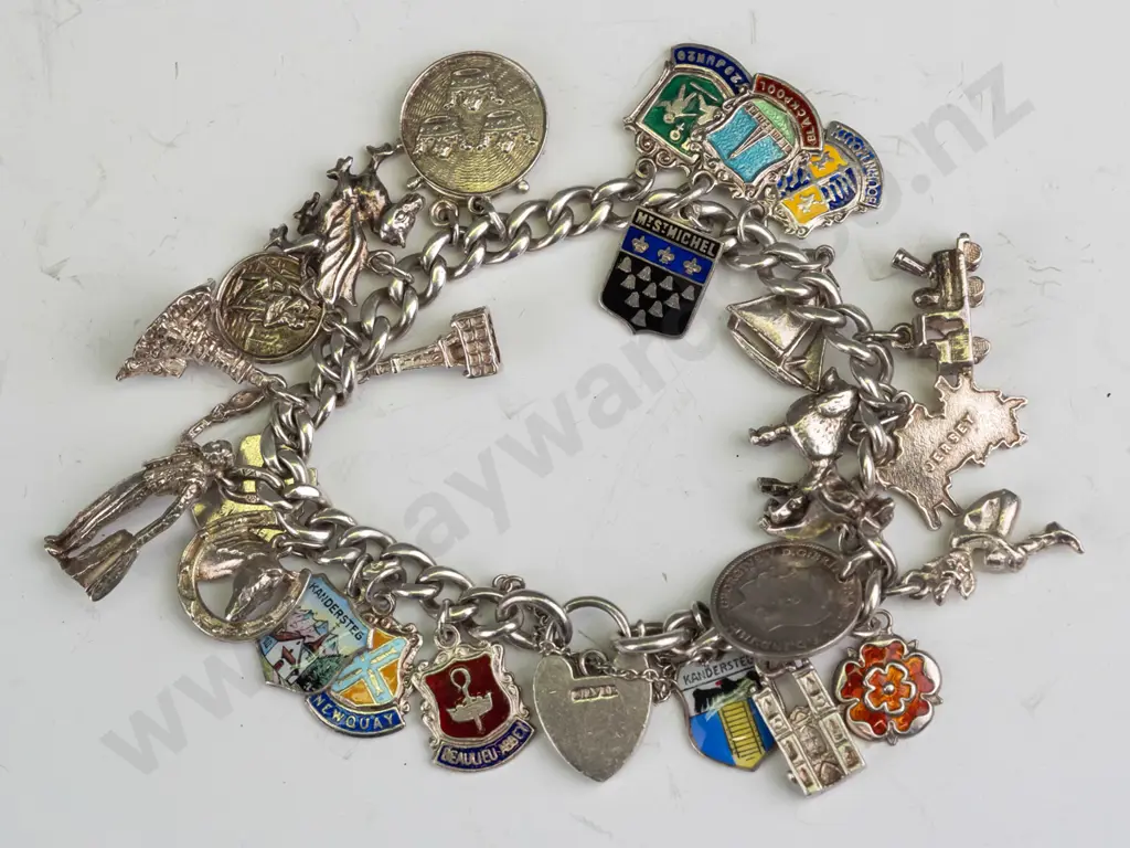 silver charm bracelet stamped silver on clasp - some charms stamped Image 1++