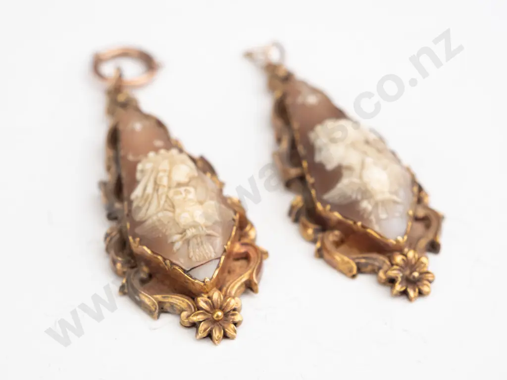 cameo drops - gold no stamp Each 55cm long. One has 9ct bolt ring catch Image 1++