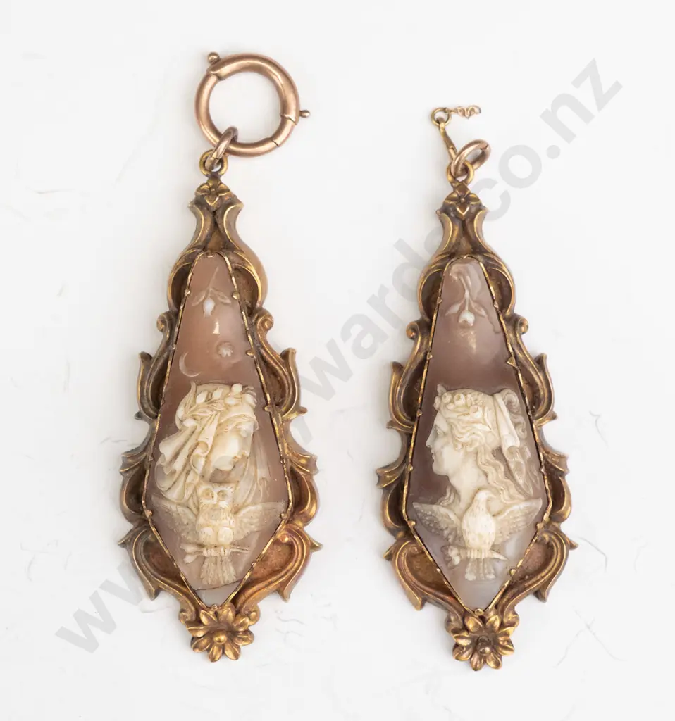 cameo drops - gold no stamp Each 55cm long. One has 9ct bolt ring catch Image 1++