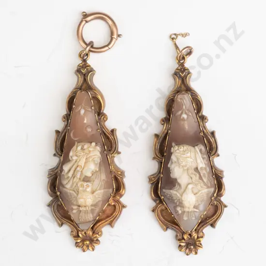cameo drops - gold no stamp Each 55cm long. One has 9ct bolt ring catch