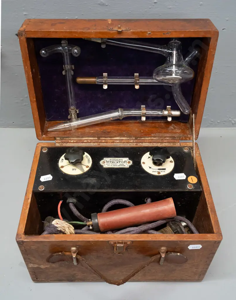 vintage electromedical therapy device - Roger's Vitalator - in mahogany case with assorted attachments, glass ones Image 1++