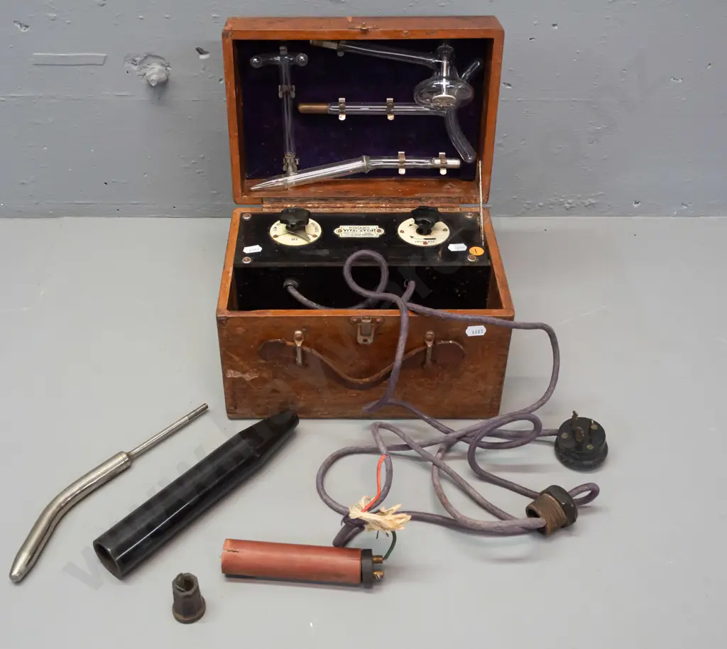 vintage electromedical therapy device - Roger's Vitalator - in mahogany case with assorted attachments, glass ones Image 1++