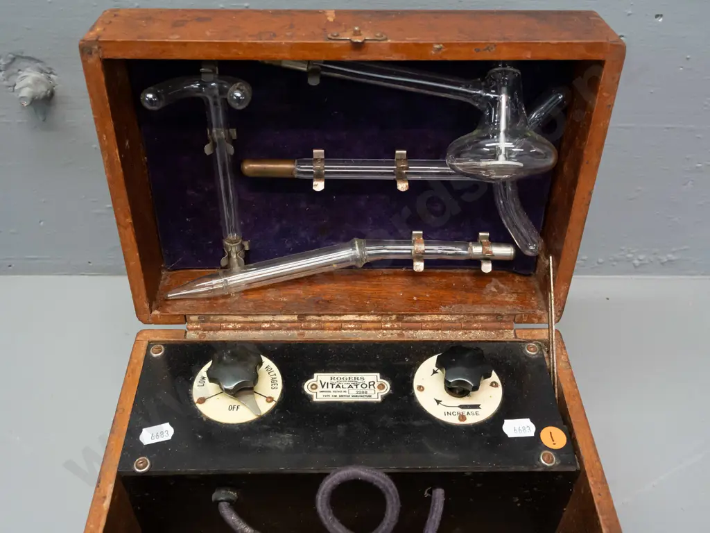 vintage electromedical therapy device - Roger's Vitalator - in mahogany case with assorted attachments, glass ones Image 1++