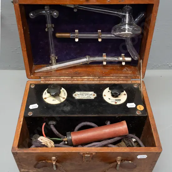 vintage electromedical therapy device - Roger's Vitalator - in mahogany case with assorted attachments, glass ones