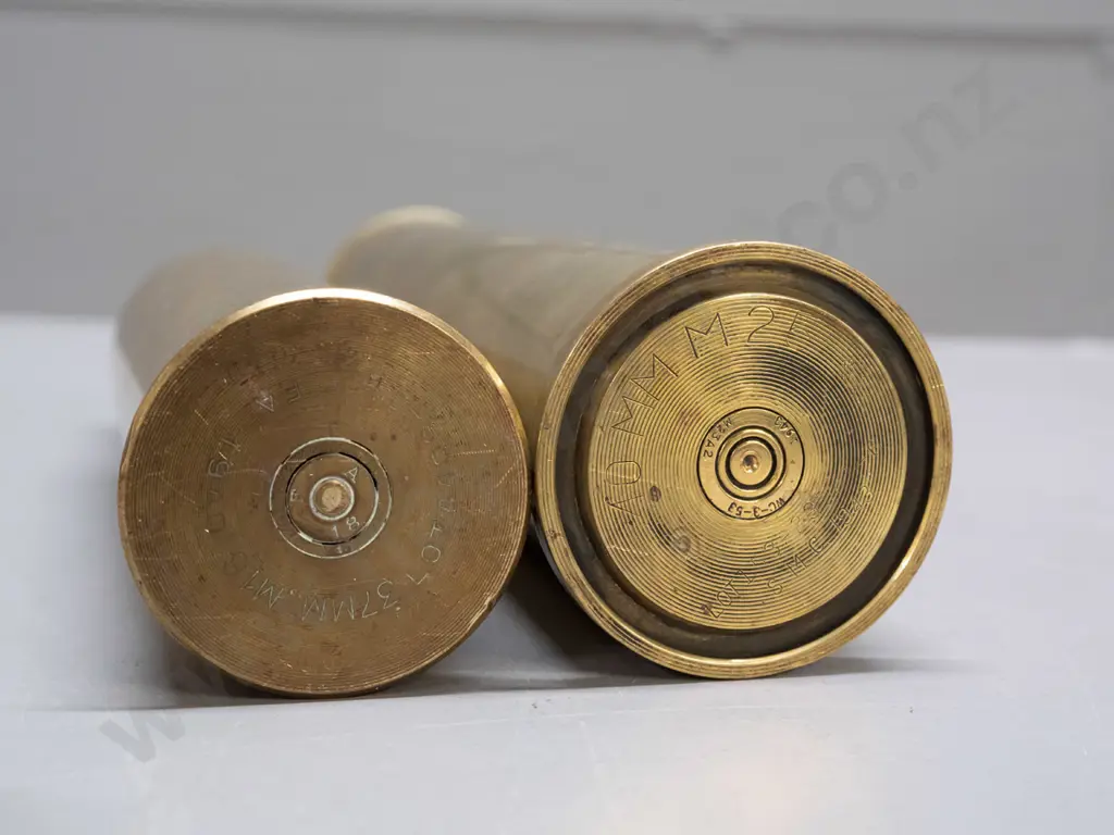 5 assorted brass cartridge shells, one with dents, tallest has flared top for use as vase H-240 Image 1++