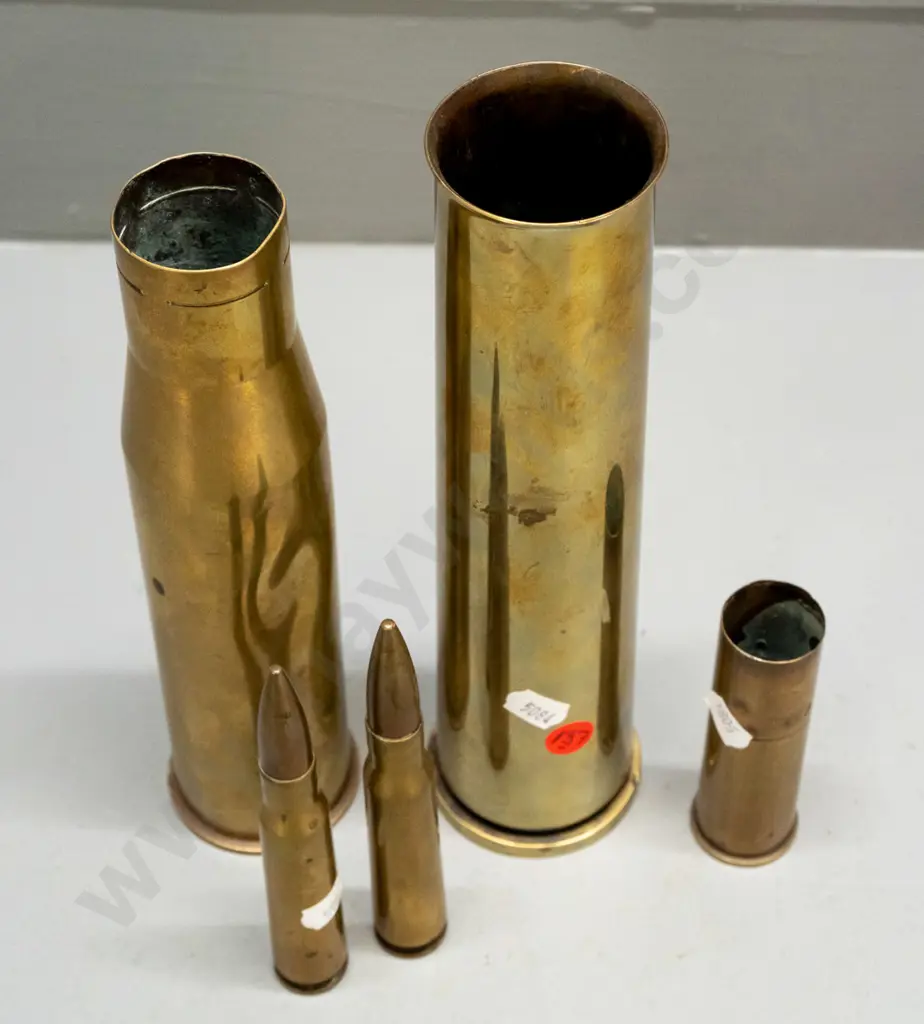 5 assorted brass cartridge shells, one with dents, tallest has flared top for use as vase H-240 Image 1++