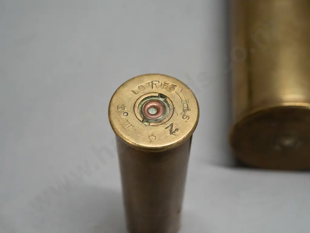 5 assorted brass cartridge shells, one with dents, tallest has flared top for use as vase H-240 Image 1++