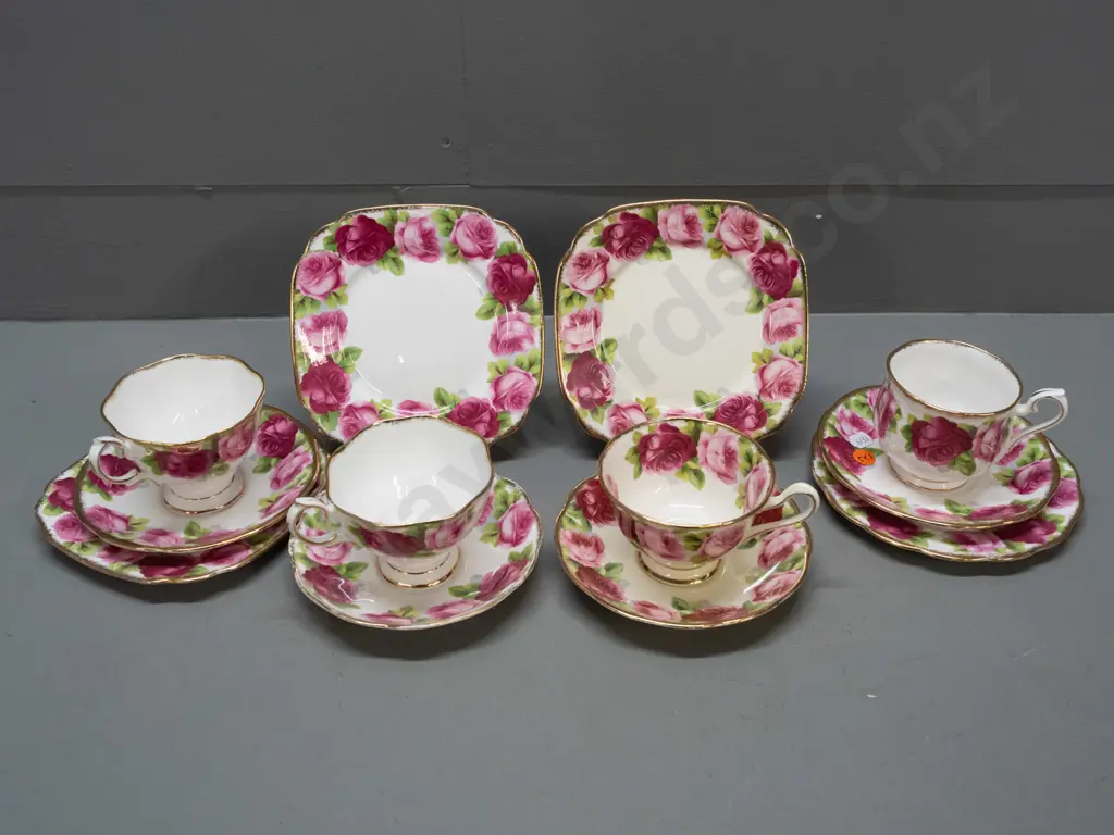 4 Royal Albert Old English Rose trios - differing shapes and styles, one ivory tone Image 1++