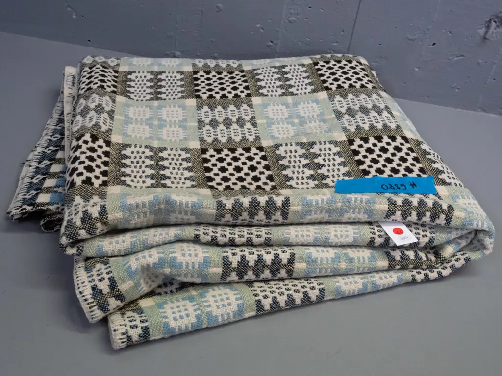 Welsh tapestry wool geometric pattern woven blanket - some minor staining L-2180 W-1900 Image 1++