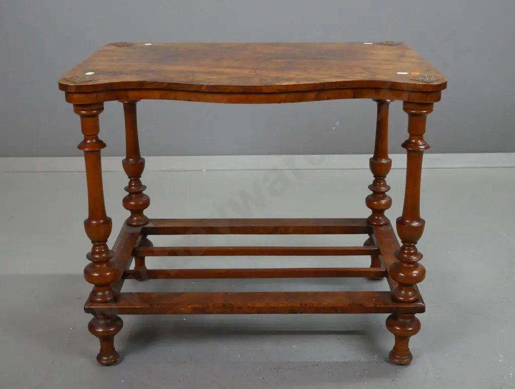 antique burr walnut serpentine shaped top occasional table w/ diamond shaped metal caps on top, turned supports & feet, Image 1++