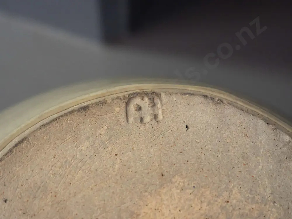 New Zealand studio pottery large vase with "AH" mark with applied decoration around neck, has chip to rim at base Image 1++