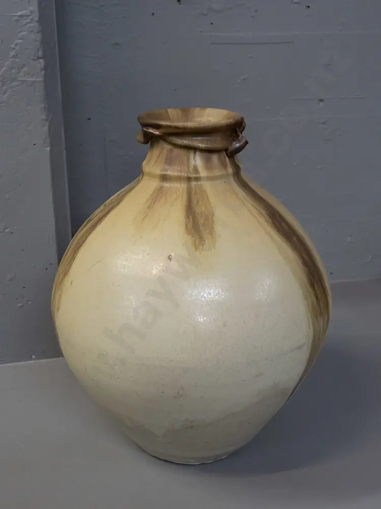 New Zealand studio pottery large vase with "AH" mark with applied decoration around neck, has chip to rim at base Image 1++