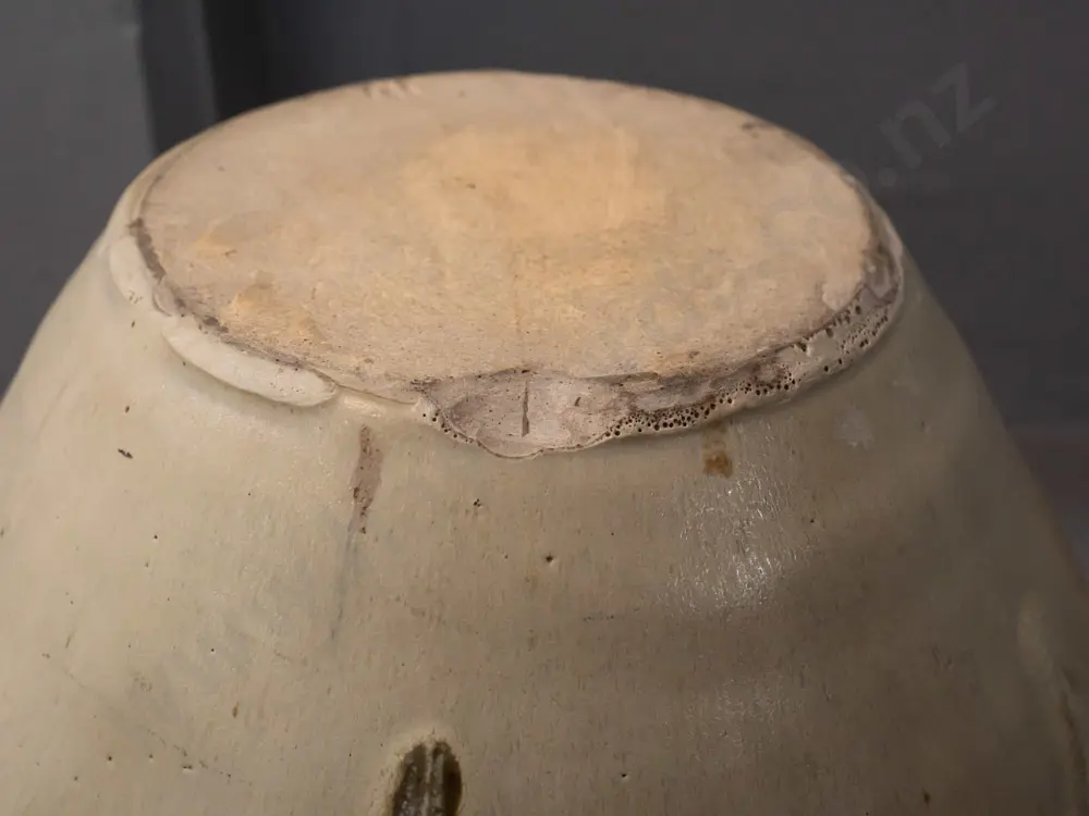 New Zealand studio pottery large vase with "AH" mark with applied decoration around neck, has chip to rim at base Image 1++