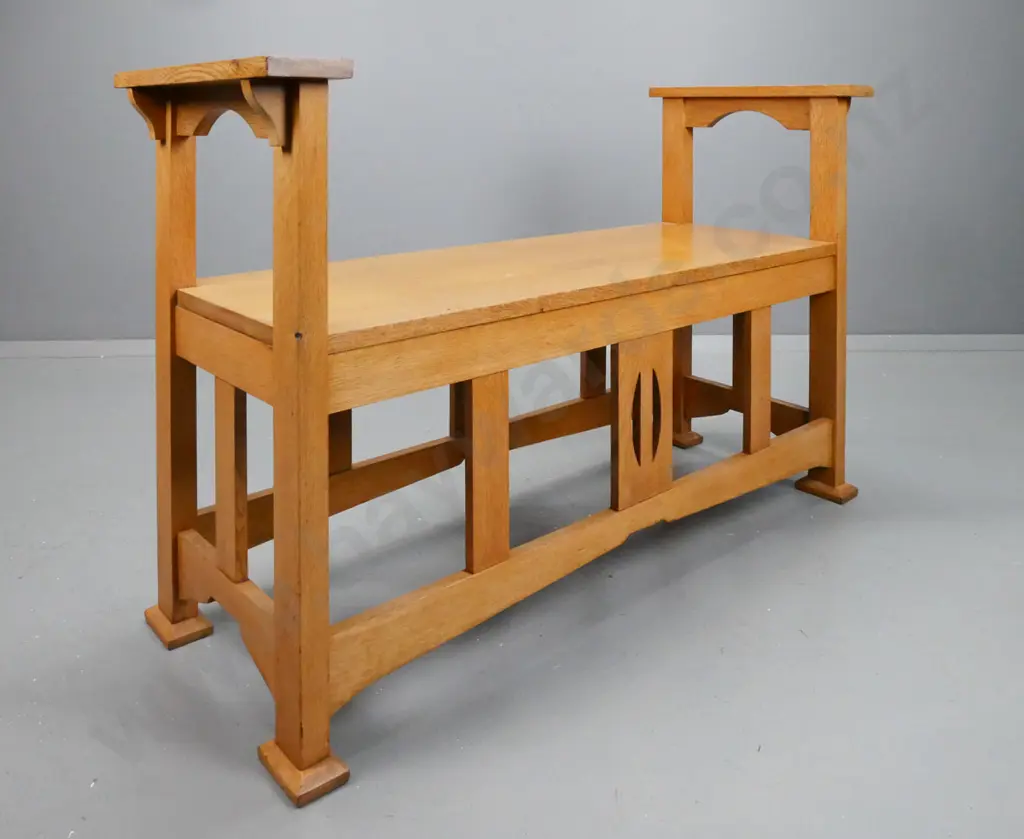 vintage oak arts & crafts style open-arm bench seat, slatted supports - minor staining H-740 W-1160 D-460 Image 1++