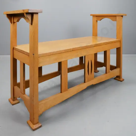 vintage oak arts & crafts style open-arm bench seat, slatted supports - minor staining H-740 W-1160 D-460