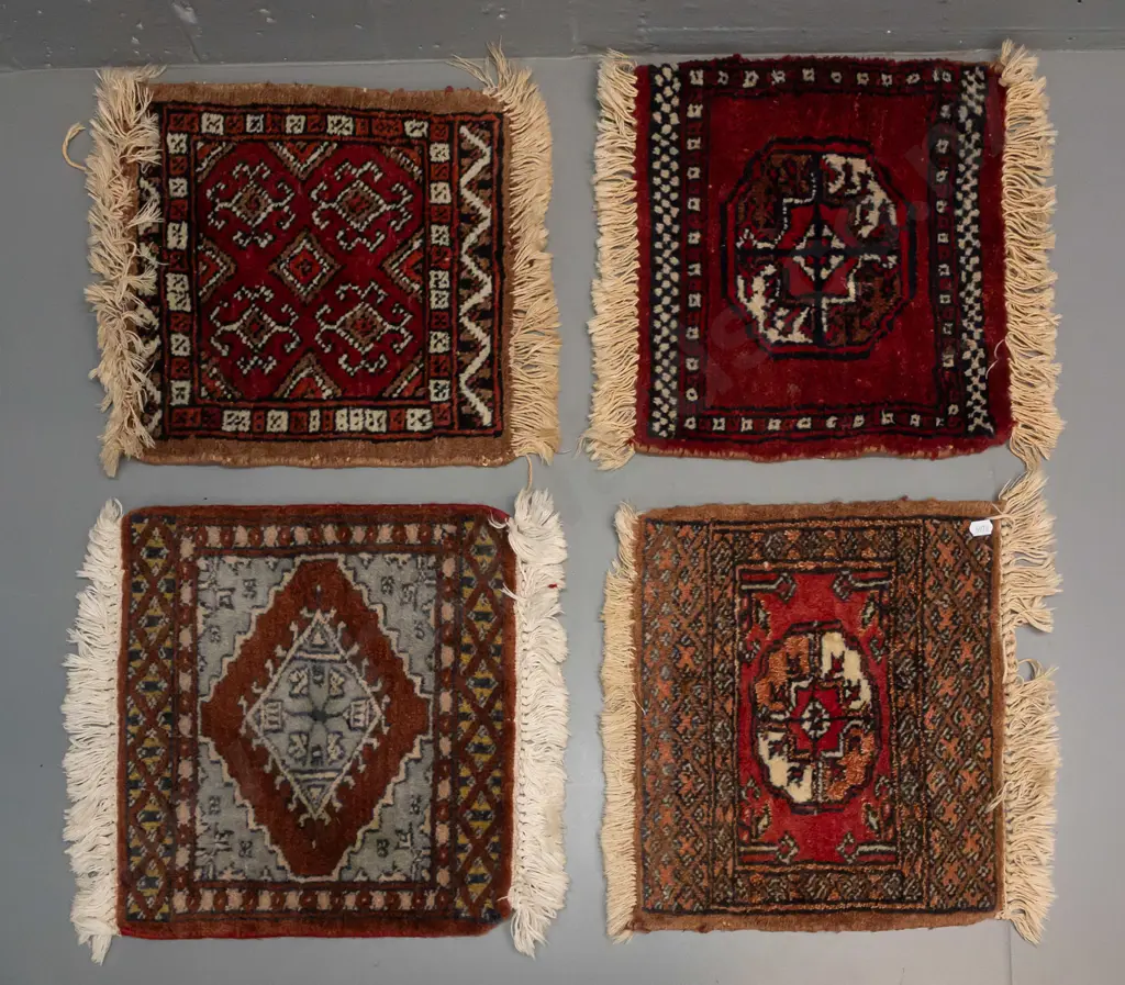 4 small Persian style hand-knotted wool rug pieces in varying patterns - largest is 320 x 320. One has some fading. Image 1++