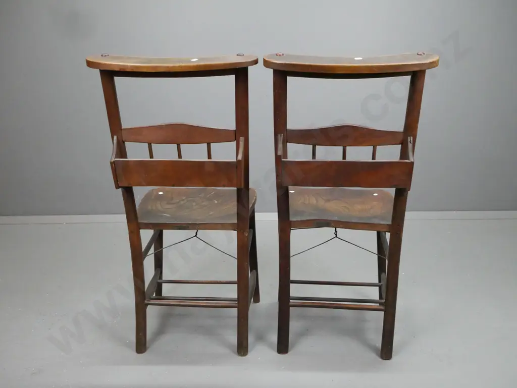 pair of English ecclesiastical elm and beech chairs. Brass makers plaque on back; Charles Farris, London Image 1++