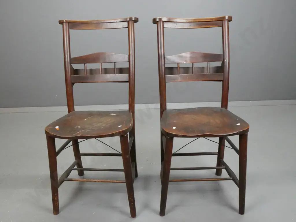 pair of English ecclesiastical elm and beech chairs. Brass makers plaque on back; Charles Farris, London Image 1++