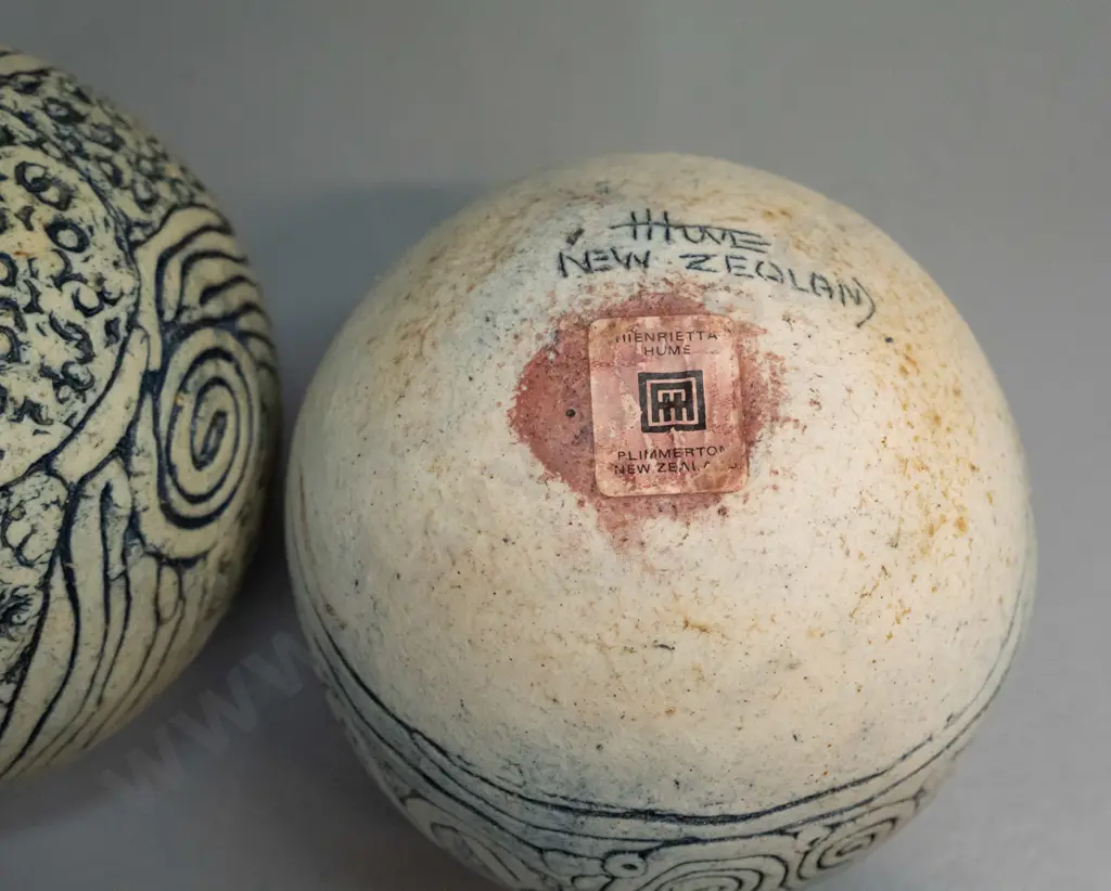 2 studio pottery spherical vases by Henrietta Hume - Plimmerton Wellington, with inscribed cards H-120 D-110 Image 1++