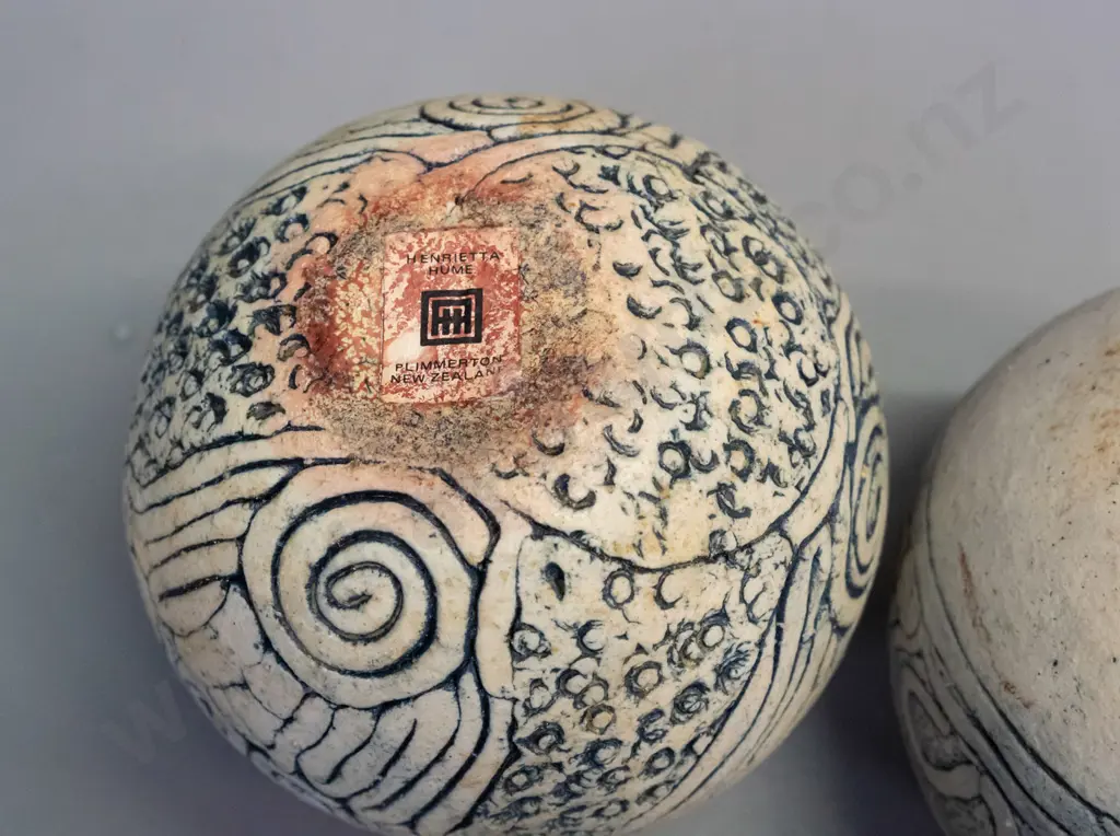 2 studio pottery spherical vases by Henrietta Hume - Plimmerton Wellington, with inscribed cards H-120 D-110 Image 1++