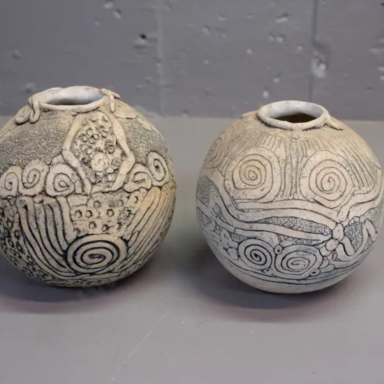 2 studio pottery spherical vases by Henrietta Hume - Plimmerton Wellington, with inscribed cards H-120 D-110