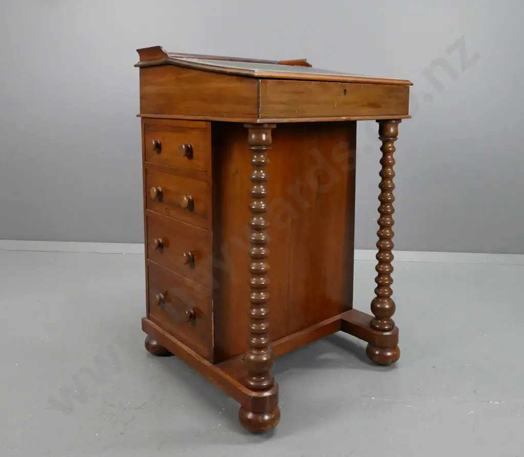 New Zealand colonial kauri and rimu davenport desk with gold tooled green leather insert, Image 1++
