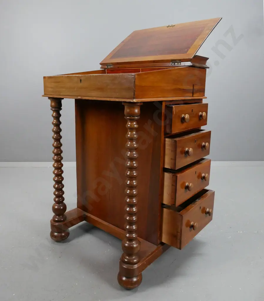 New Zealand colonial kauri and rimu davenport desk with gold tooled green leather insert, Image 1++