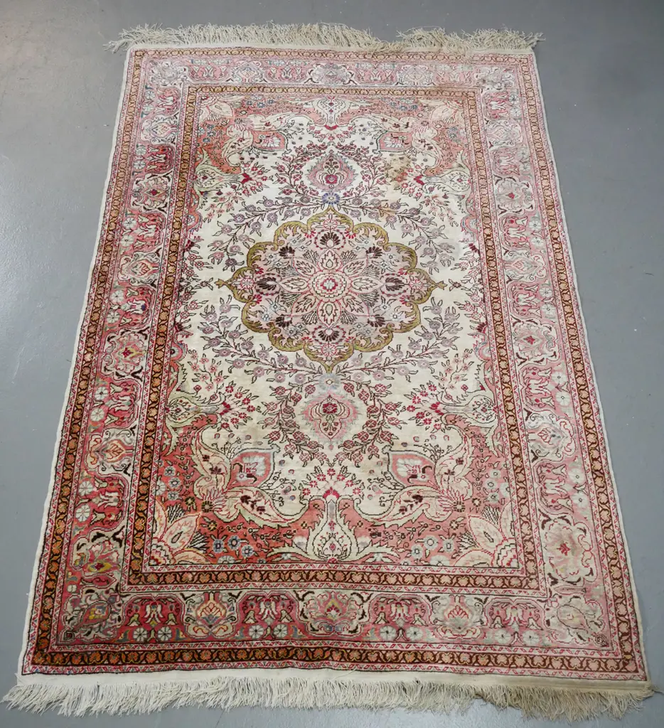 silk floor rug in multi-coloured floral and foliate motifs - wear and staining, some fading L-1620 W-1040 Image 1++