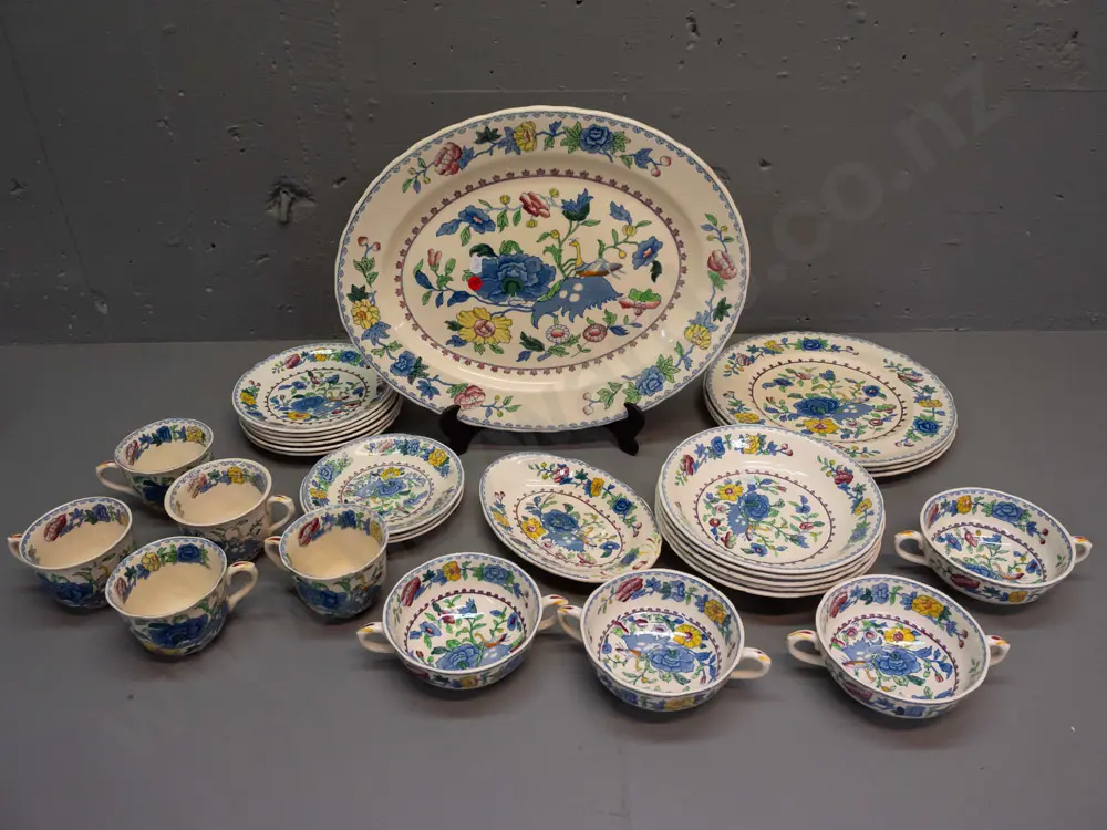 assorted Masons "Regency" pattern ironstone table ware - large ashett, 5 cups, 4 soup bowls, assorted plates and bowls - Image 1++