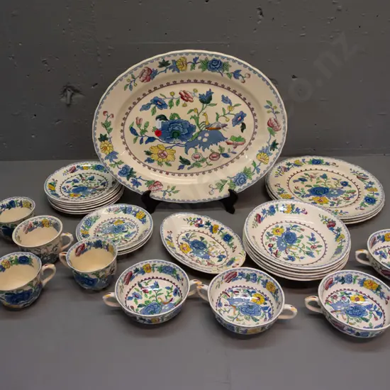 assorted Masons "Regency" pattern ironstone table ware - large ashett, 5 cups, 4 soup bowls, assorted plates and bowls -