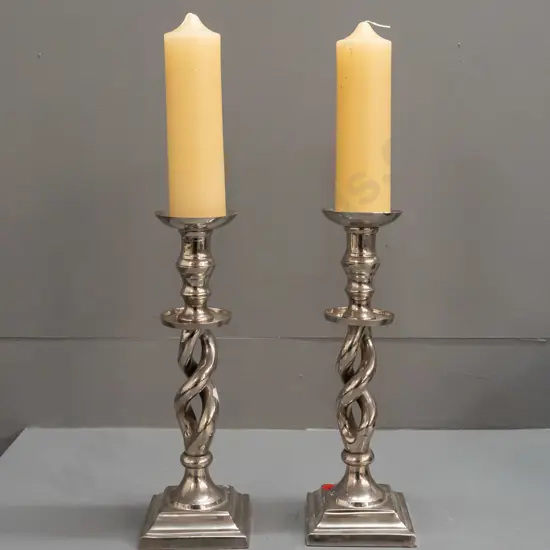 pair of large plated brass open-twist candlesticks - threaded to separate into 3 pieces. H-285 Base 90x90