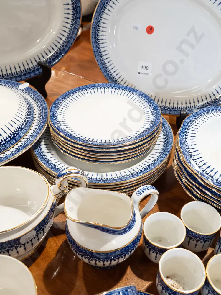 Royal Doulton "Severn Border" gilt edged blue & white dinnerware - 2 ashetts, 2 lidded vegetable dishes, 6 place setting Image 1++