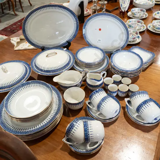 Royal Doulton "Severn Border" gilt edged blue & white dinnerware - 2 ashetts, 2 lidded vegetable dishes, 6 place setting