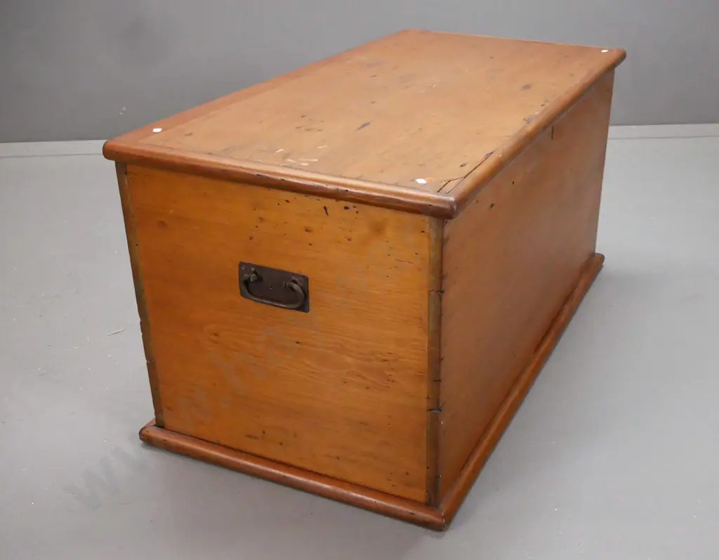 Victorian Baltic pine trunk w/ metal carrying handles, strap hinges, original lock and working key, replacement Image 1++
